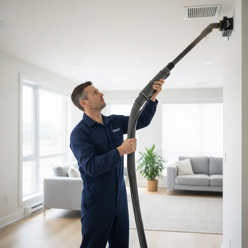 Technician cleaning a residential ceiling air vent inside a modern home in Thunder Bay