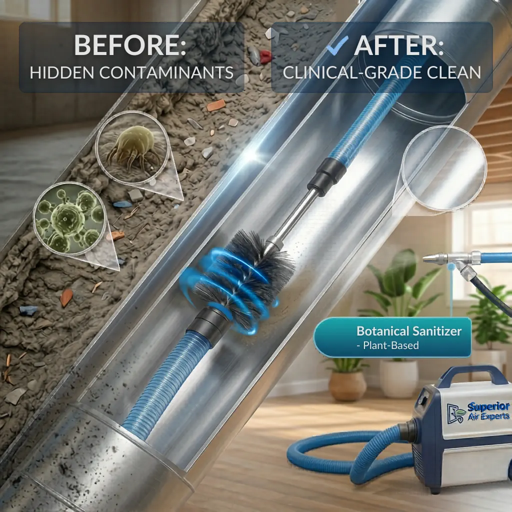 Before and after comparison of residential air duct cleaning in Thunder Bay, showing dust removal and botanical sanitization process.