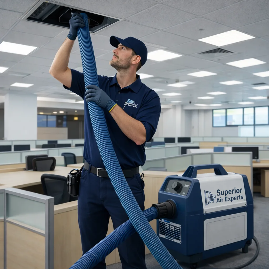 Professional HVAC technician cleaning commercial air ducts in a modern office in Thunder Bay using industrial vacuum equipment
