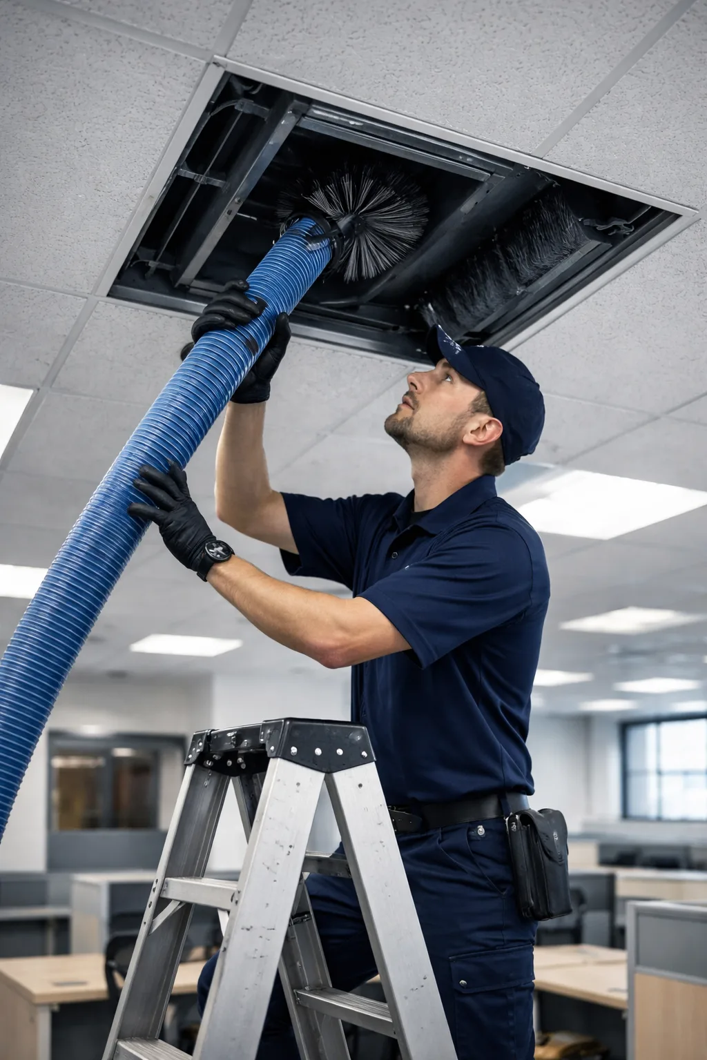 Technician cleaning commercial HVAC duct system in office ceiling using vacuum hose in Thunder Bay