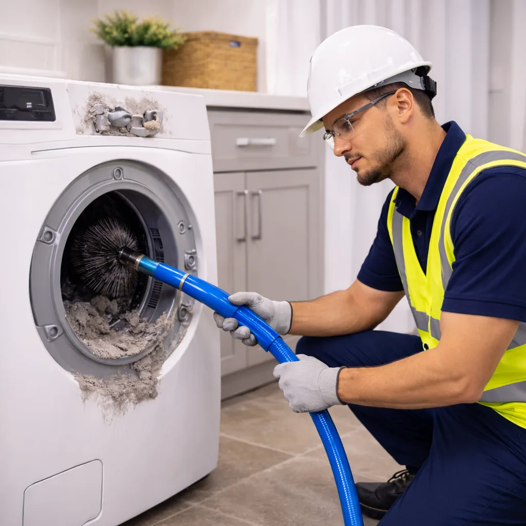Technician cleaning lint buildup from a dryer vent using professional equipment in a residential laundry room in Thunder Bay
