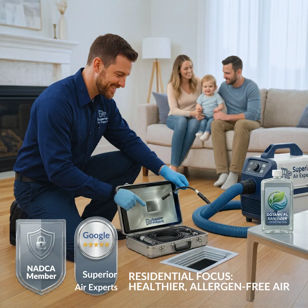 Certified technician performing residential duct cleaning in a Thunder Bay home using clinical-grade equipment.