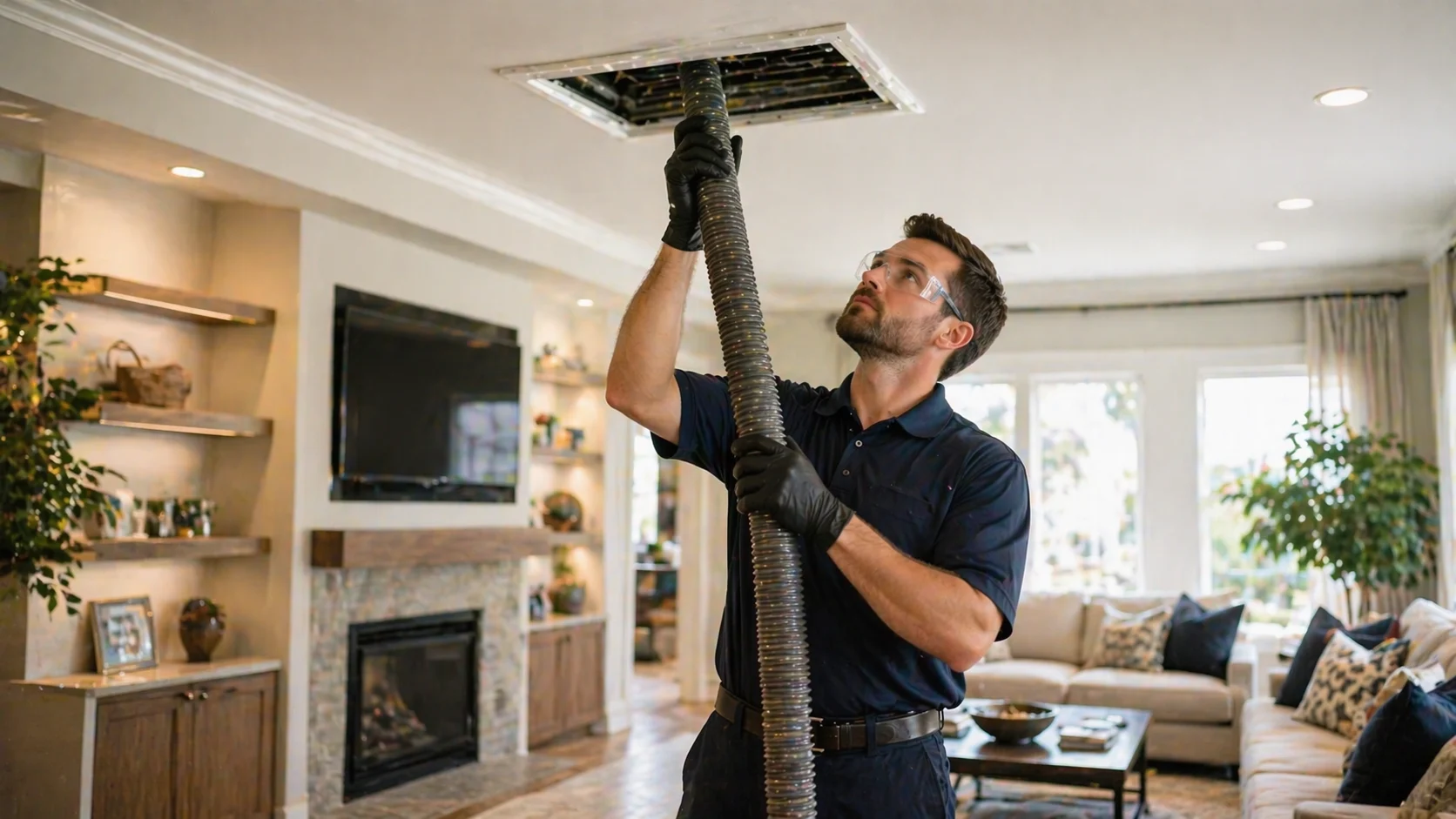 Professional air duct cleaning technician cleaning ceiling vent in modern residential home in Thunder Bay