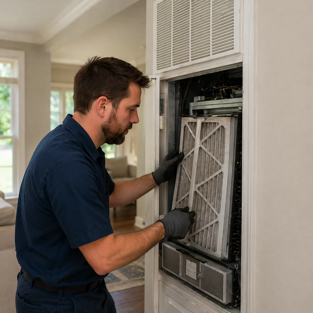 Technician inspecting a residential HVAC air purification system inside a modern home in Thunder Bay