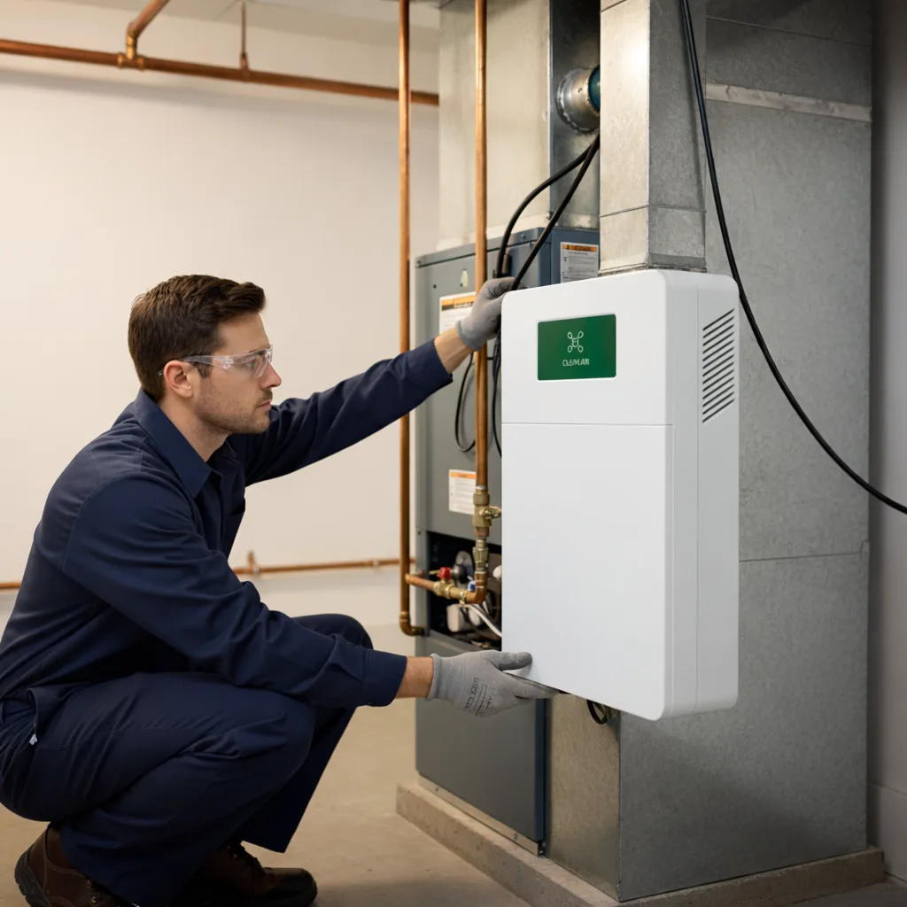 Technician installing or inspecting a residential air purification system connected to HVAC equipment in Thunder Bay
