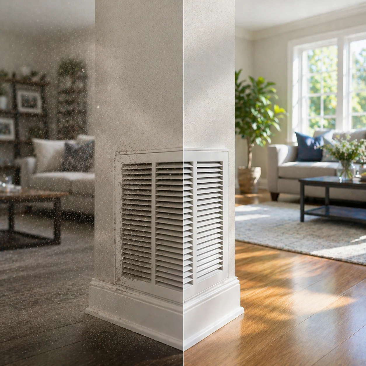 Split-view image of a residential air vent showing dusty indoor air before purification and cleaner air after air purification in a Thunder Bay home