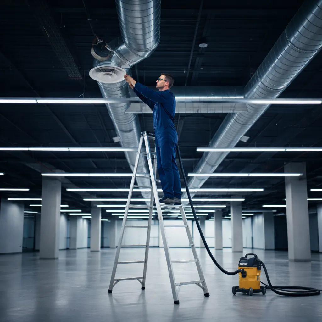 Technician cleaning a commercial ceiling duct in a large indoor facility in Thunder Bay