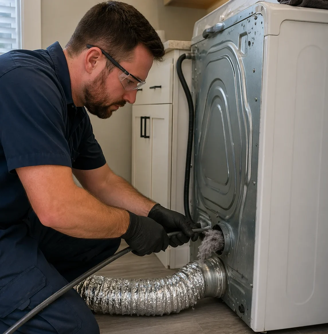 Technician cleaning an exterior residential dryer vent and removing lint buildup from a home in Thunder Bay