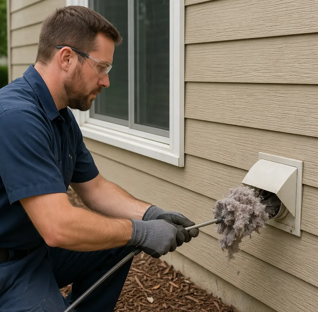 Technician cleaning an exterior residential dryer vent and removing lint buildup from a suburban home in Thunder Bay