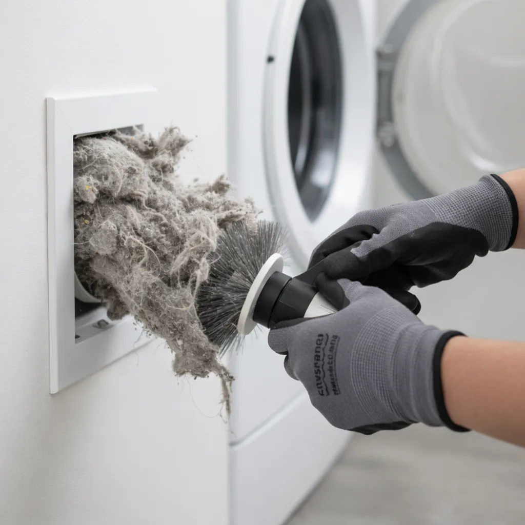 Technician removing heavy lint buildup from a residential dryer vent in Thunder Bay