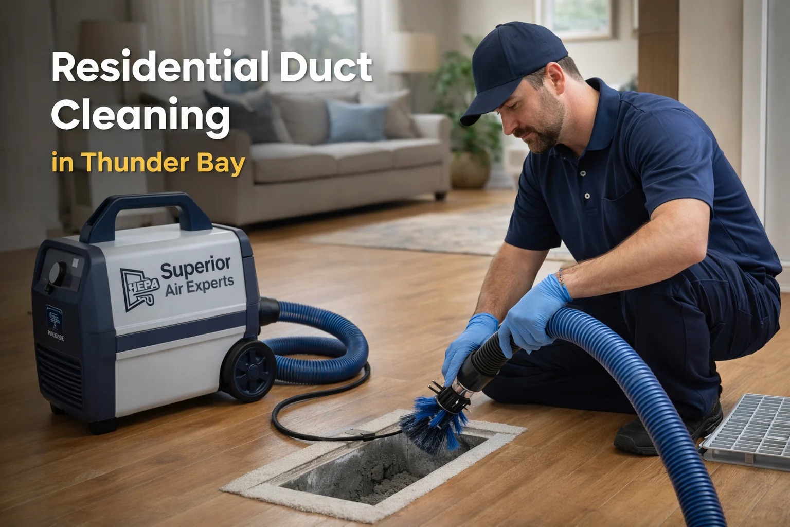 Technician performing residential air duct cleaning through a floor vent in a Thunder Bay home