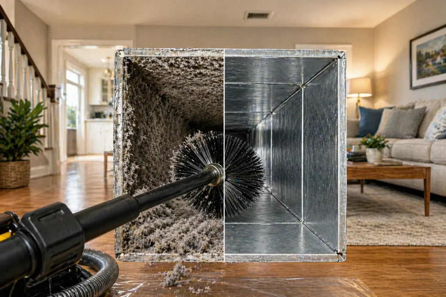 Residential duct cleaning before and after image showing dirty vs clean air ducts in a Thunder Bay home