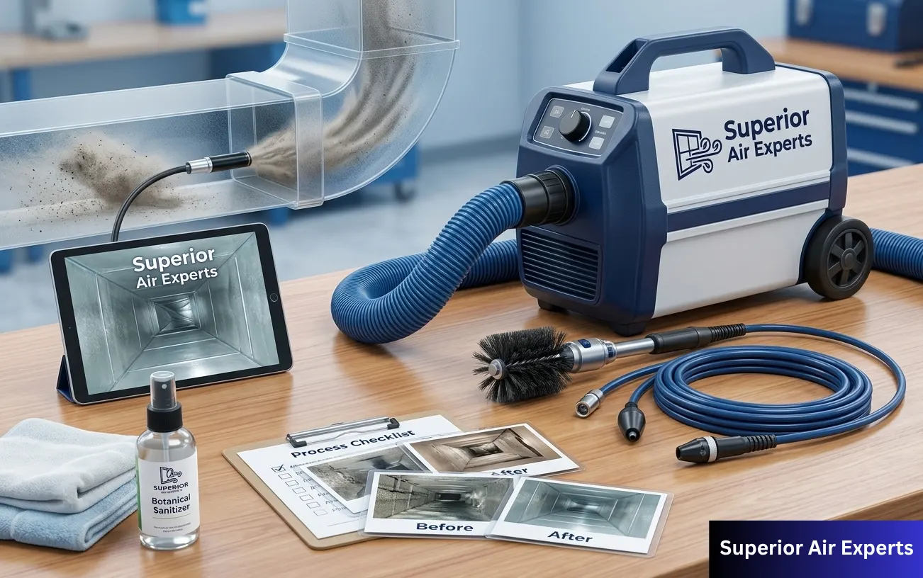 Professional air duct cleaning equipment by Superior Air Experts in Thunder Bay, featuring a branded industrial HEPA vacuum, a digital borescope inspection tablet showing clean ducts, specialized agitation brushes, and botanical sanitizer. The image displays the official window-and-leaves icon logo, representing a clinical-grade 4-step cleaning process.